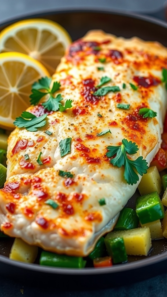 Pan-Seared Tilapia Recipe Pan-seared tilapia fillet garnished with parsley and lemon, served with vegetables.